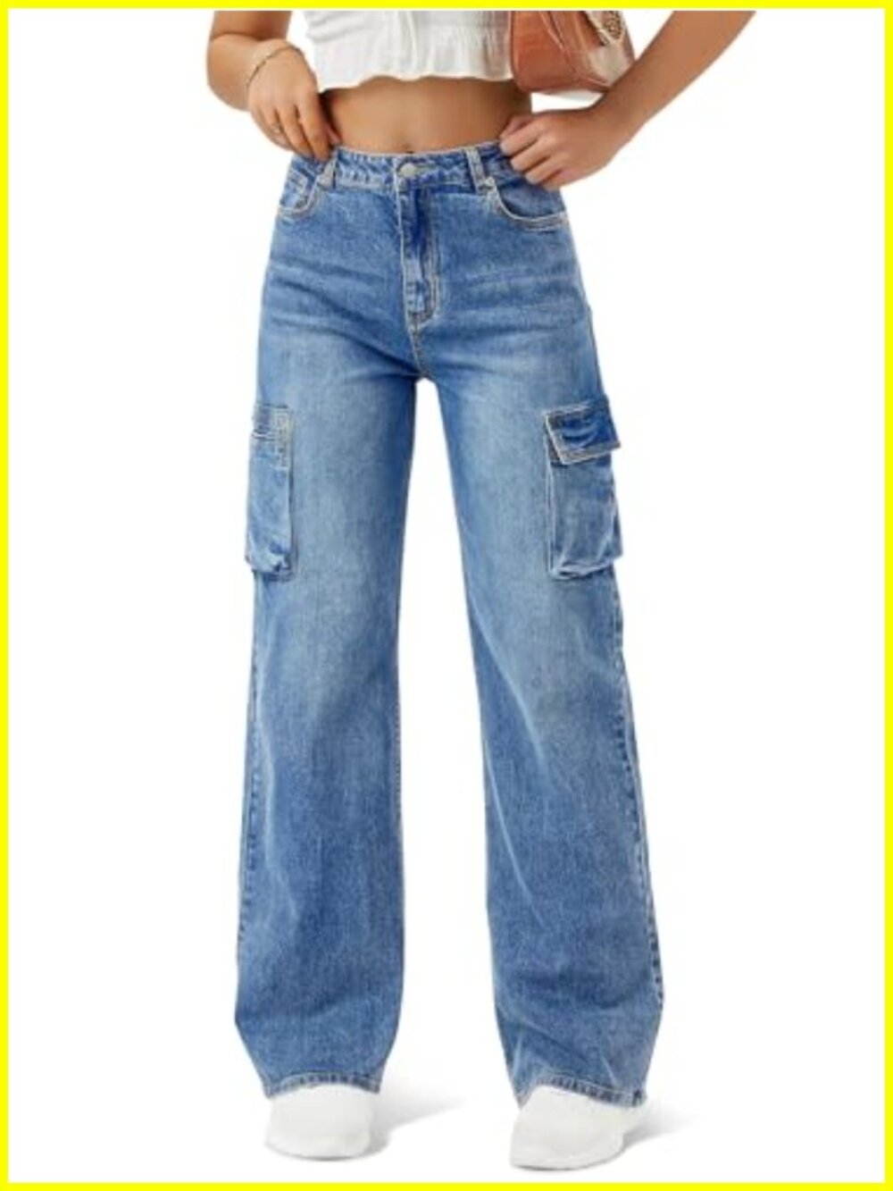 Women High Waisted Cargo Jeans 6 Pockets Wide Leg Baggy Straight Fit Stretch